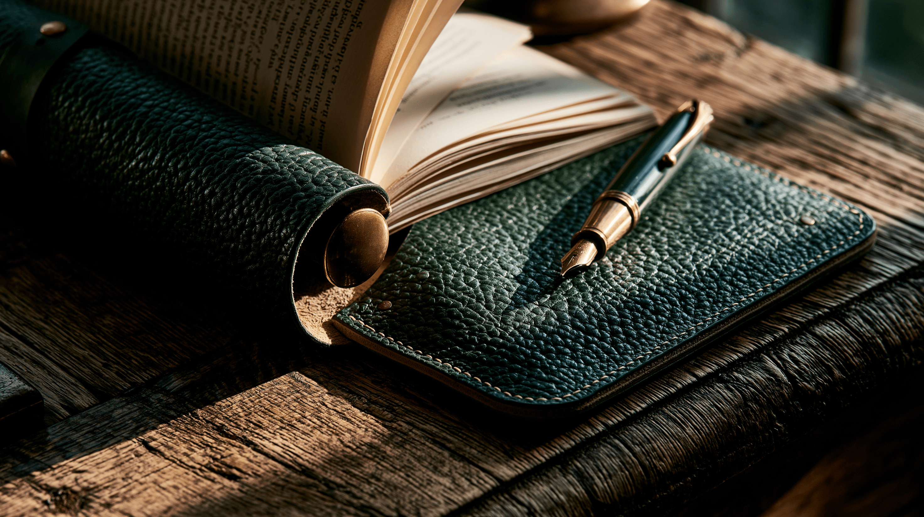 Leather portfolio and fountain pen resting on an aged oak desk